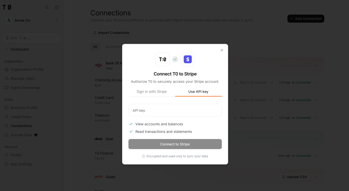 The Connect to Stripe dialog with the Use API key tab selected