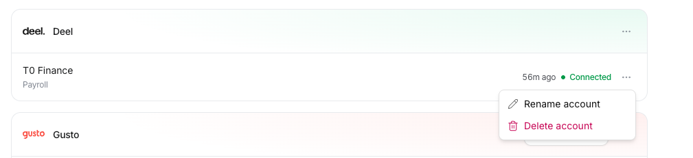 The three-dot menu on a connection, with Rename and Delete account