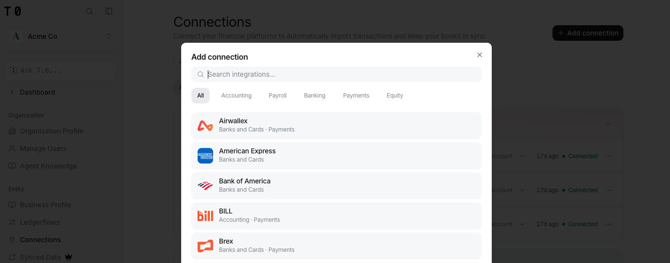 The Connections page with the Add connection button