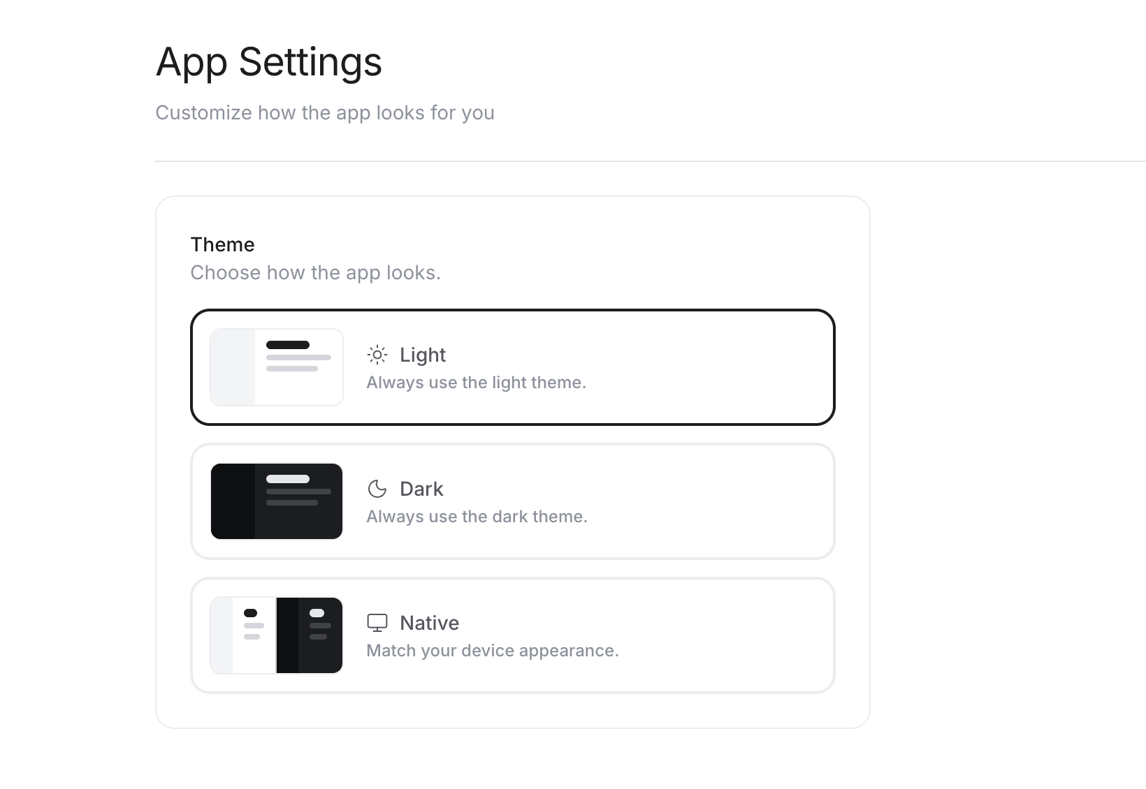 The App Settings page with the Light, Dark, and Native theme options