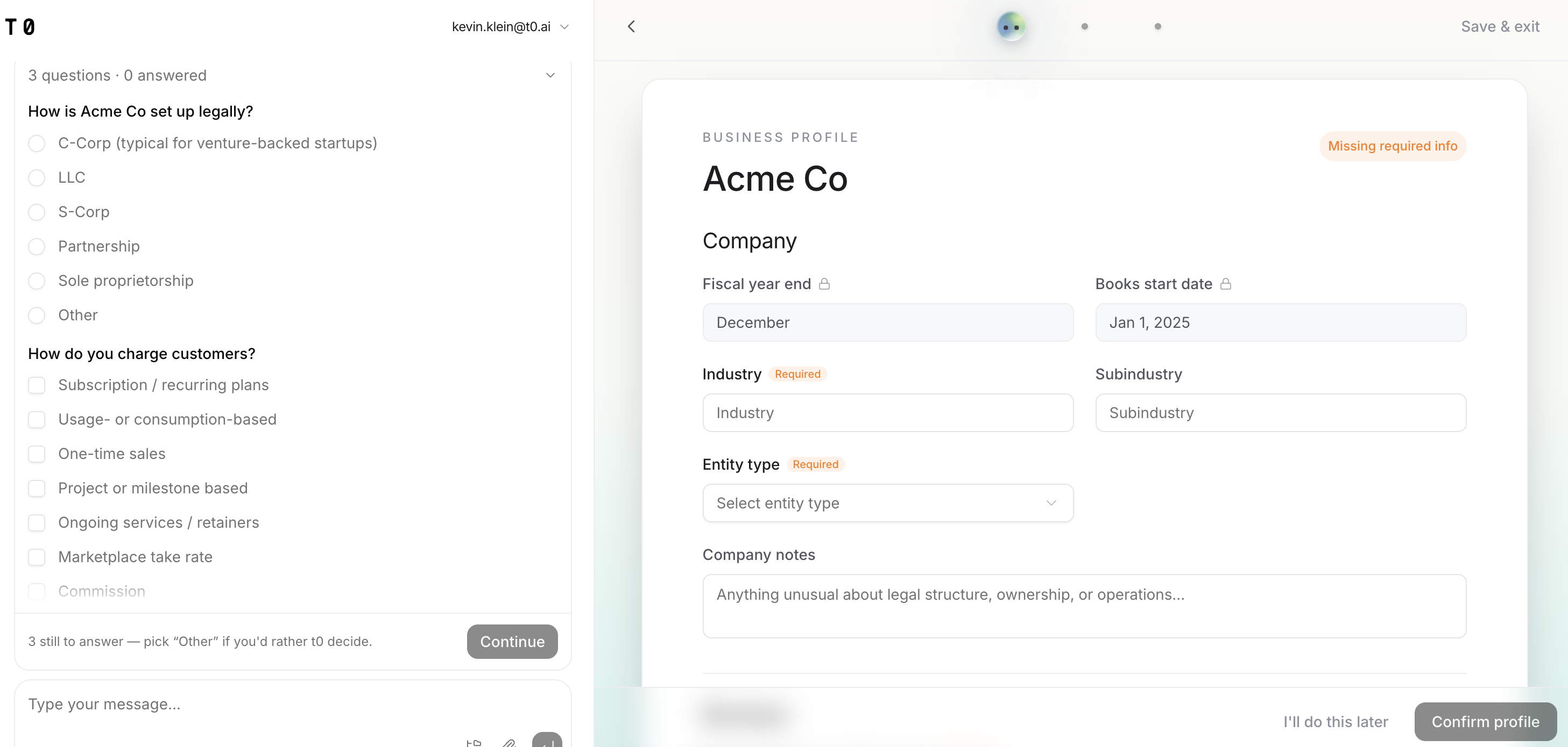 The business profile onboarding screen, with questions on the left and the populated profile on the right