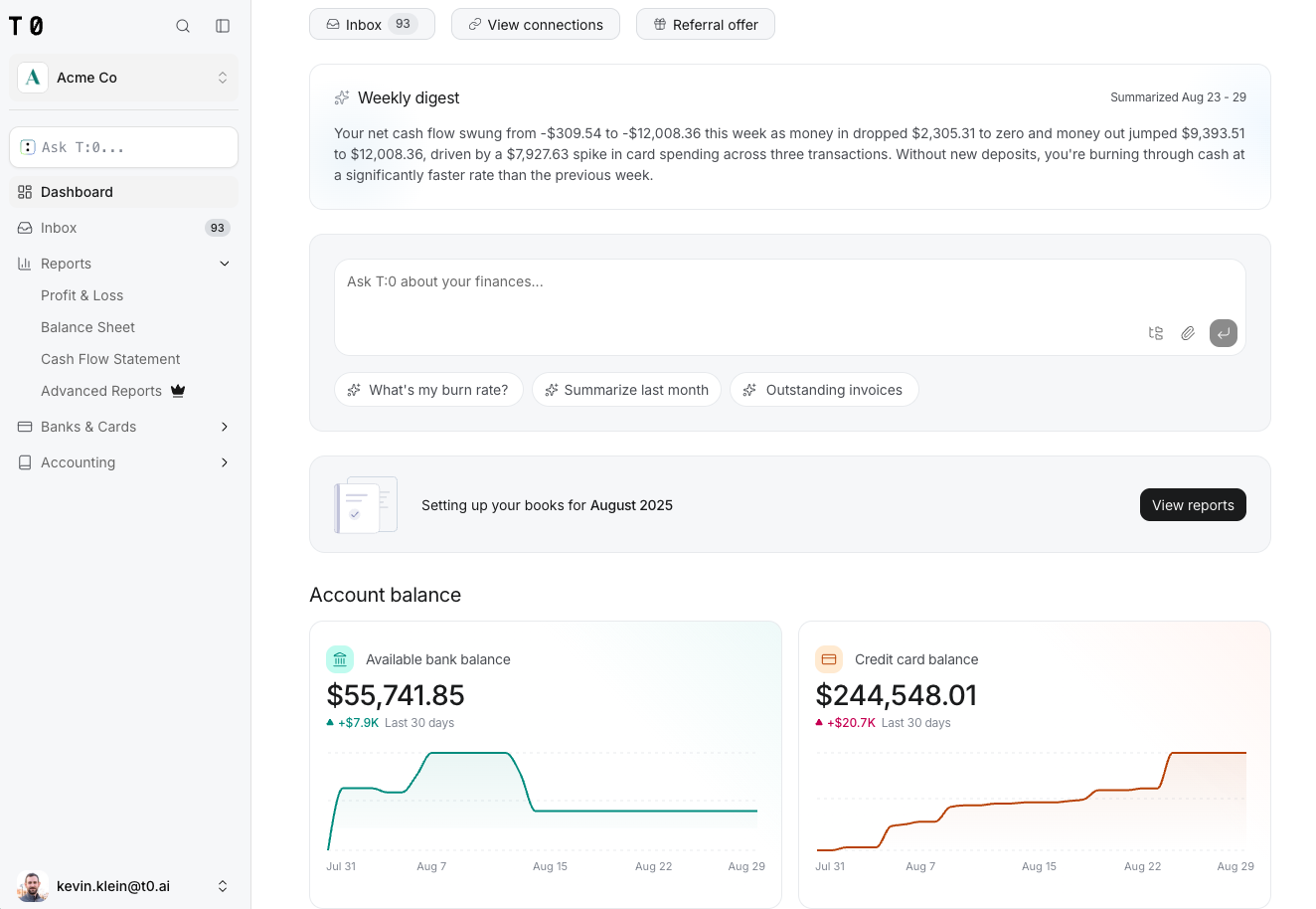 The T:0 Dashboard showing quick links, the prompt bar, balance cards, and recent transactions
