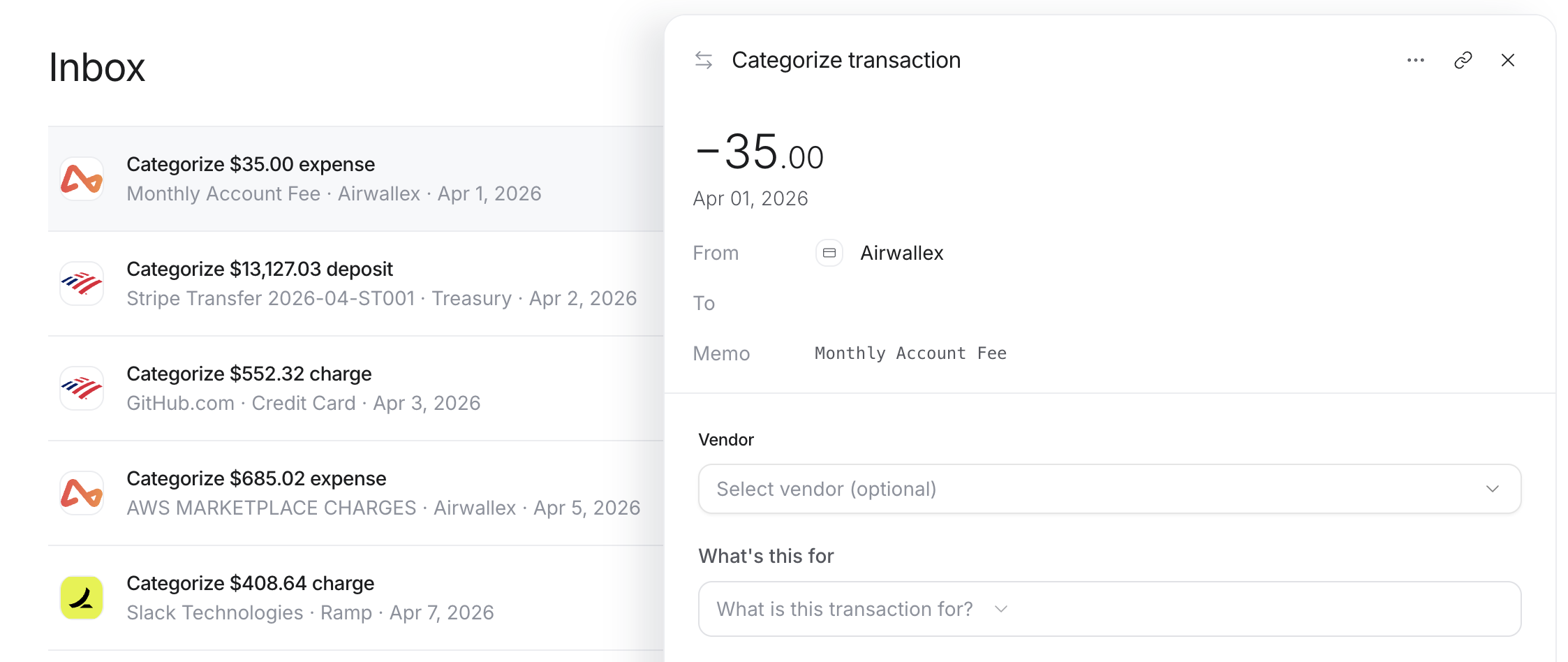 The Inbox with the Categorize transaction panel open