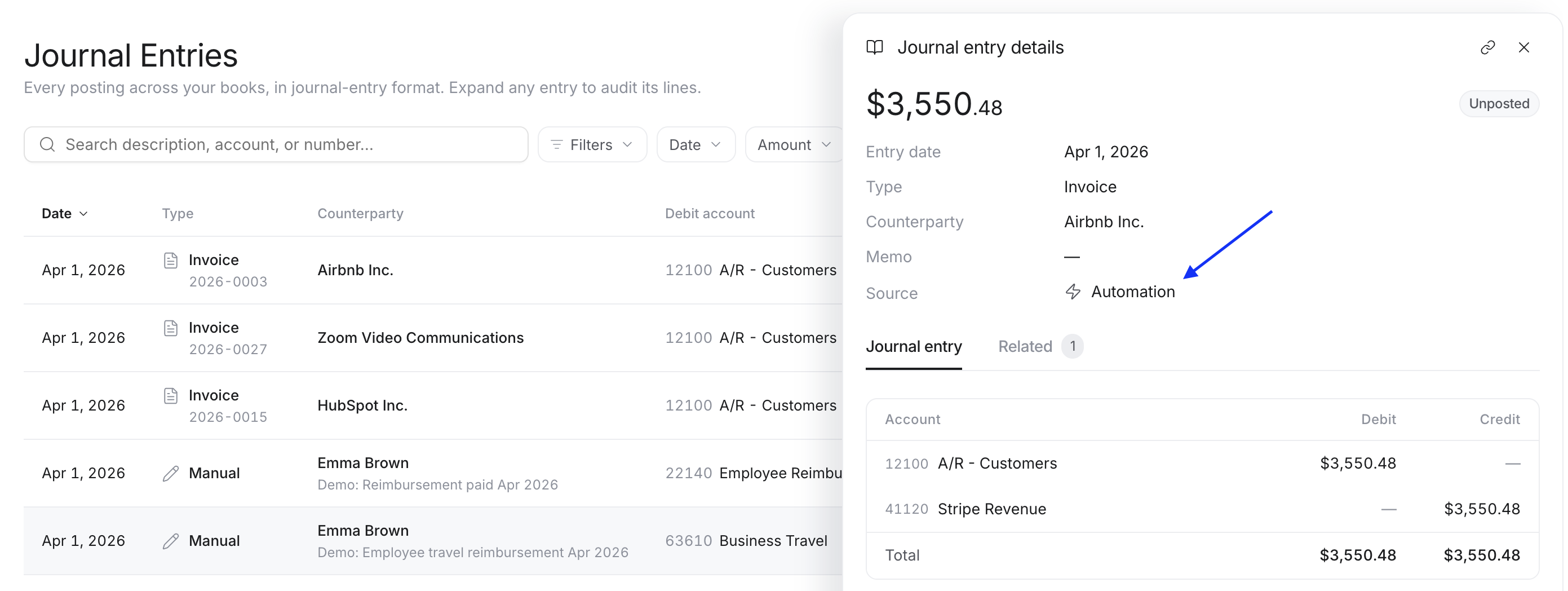 A journal entry with its Source field showing Automation