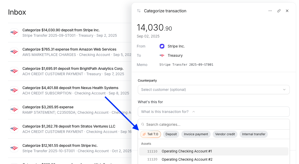The Tell T:0 chat panel reviewing a transaction