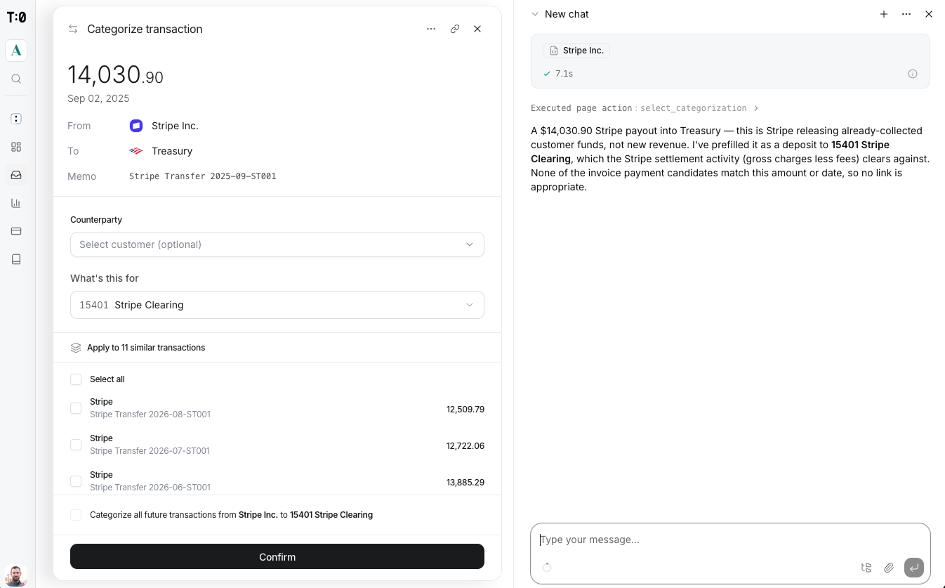 The categorize panel with the account prefilled by T:0, ready to confirm